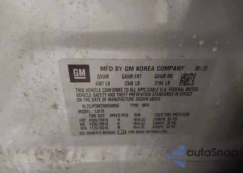 2022 Chevrolet Trax Awd Lt из США, поврежденный, VIN KL7CJPSM2NB558850